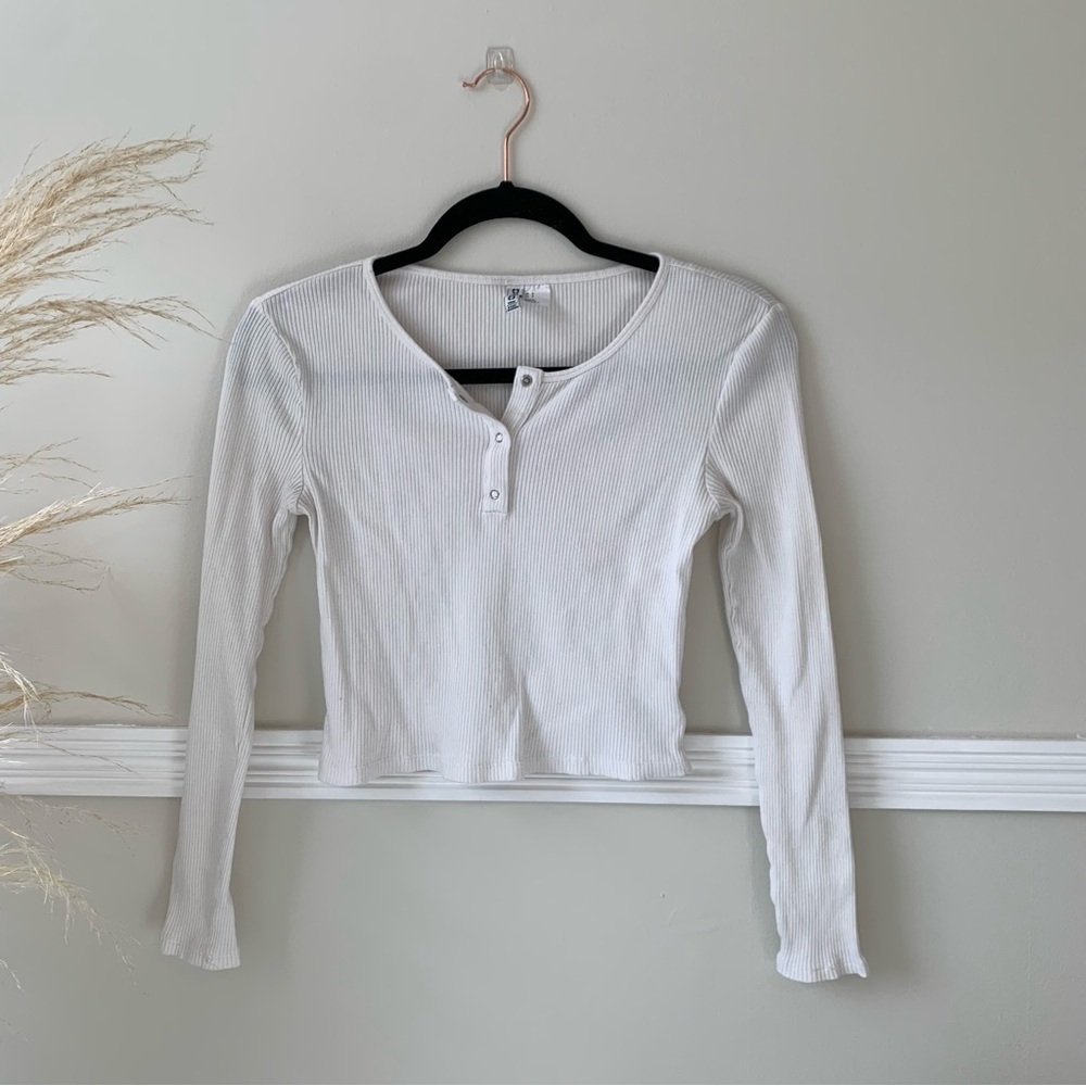 H&M White Ribbed Long Sleeve Crop Top